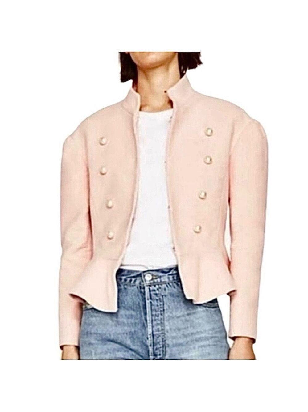 Zara blush pink felt pearl button tailored military peplum jacket blazer M
